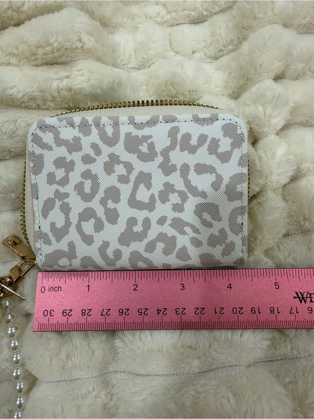 Leopard Print Small Wallet with Pearl Wristlet - Taupe/White